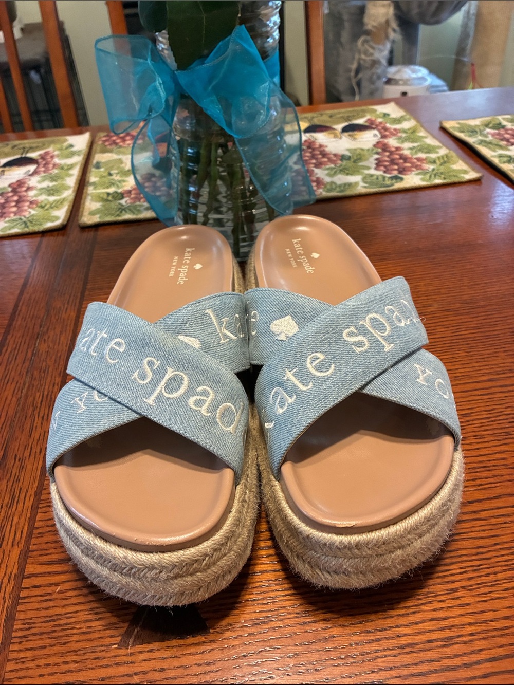 kate spade Light Blue Cross-Strap Espadrille Slide Sandals